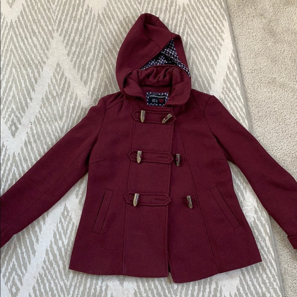 maroon hooded pea coat